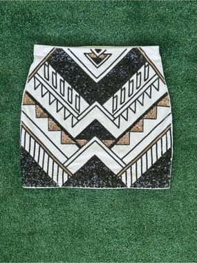 Express Sequin Geometric Mini Skirt XS Black Gold Art Deco